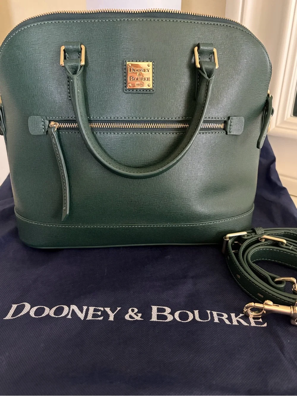 Dooney & Bourke Dark Green Saffiano Dome Satchel with Gold Hardware